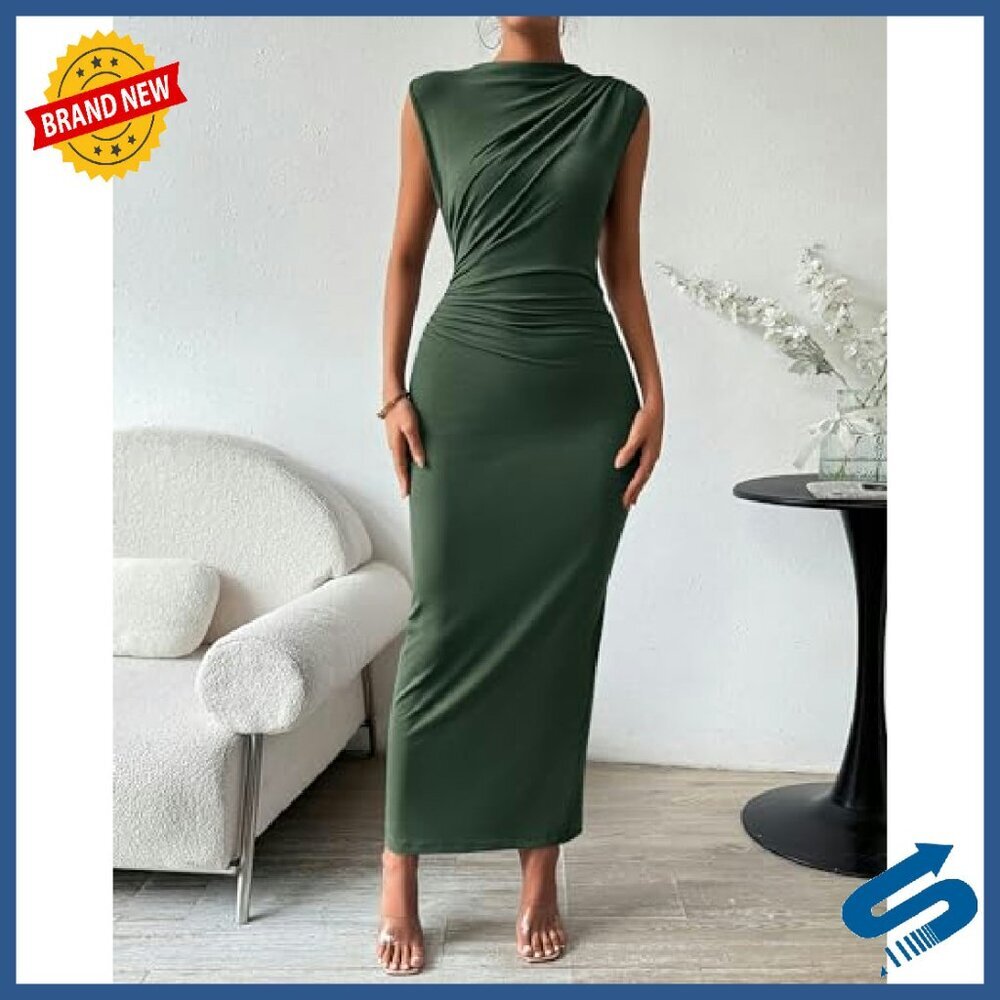 Ruched Bodycon Maxi Dress Sleeveless Back Slit Party Cocktail Formal - Picture 3 of 8
